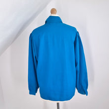 Load image into Gallery viewer, Vintage Jaeger Blouse 70s 100% Wool Royal Blue Pussy Bow Tie Pleated Boxy 10 12
