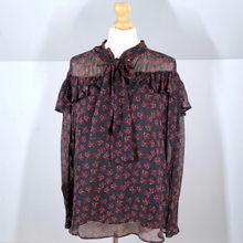 Load image into Gallery viewer, Finery Blouse Pussy Bow Floral Print Navy Ruffles Tie Neck Top Boho Work 10
