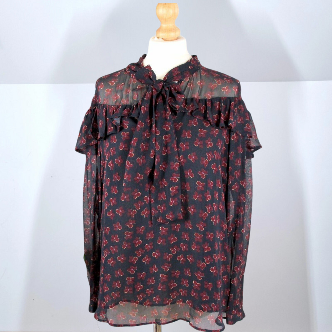 Finery Blouse Pussy Bow Floral Print Navy Ruffles Tie Neck Top Boho Work 10