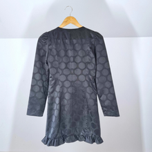 Load image into Gallery viewer, Zara Blazer Dress Jacket Polka Dot Print Black Satin Mini Ruffle Long Sleeves XS
