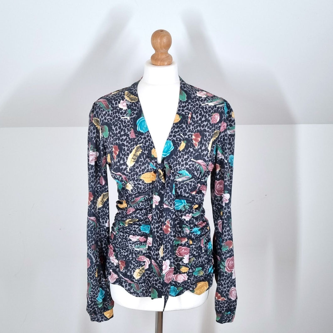 Fornarina Blouse Ruched 80s Floral Rose Bow Tie Leopard Print Shirt Maximalist M