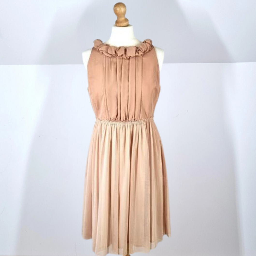 Zara Nude Dress Cocktail Tulle Skirt Ruffle Collar Occasion Knee Length Medium