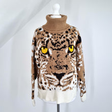 Load image into Gallery viewer, River Island Jumper Tiger Print Turtleneck Chunky Knit Roll Beige Sweater Small
