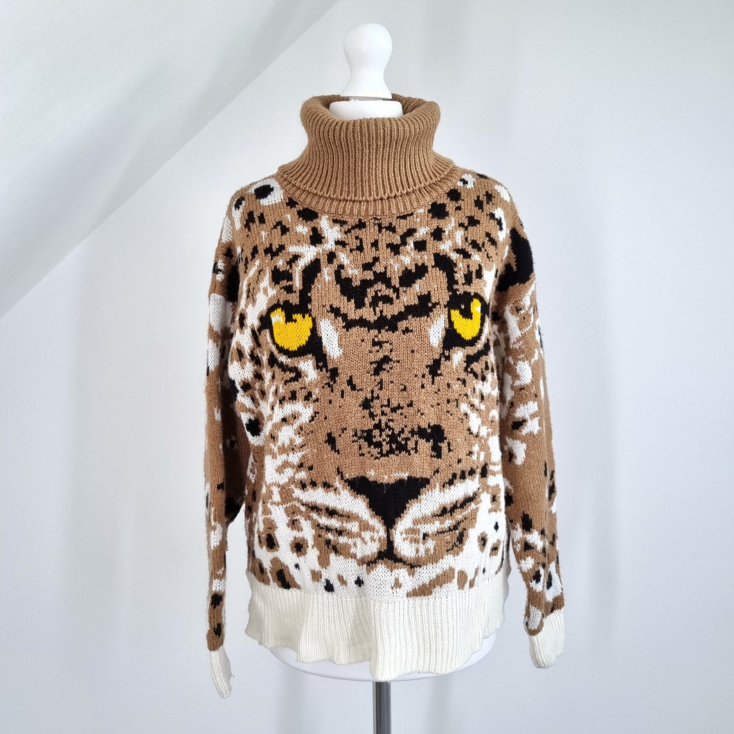 River Island Jumper Tiger Print Turtleneck Chunky Knit Roll Beige Sweater Small