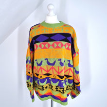 Load image into Gallery viewer, Jumper Multicoloured Bright Birds Aztec Funky Chunky Knit Wool Blend Large
