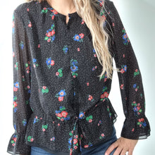 Load image into Gallery viewer, Hush Blouse Floral Print Chiffon Black Long Sleeves Adjustable Waist Top 12
