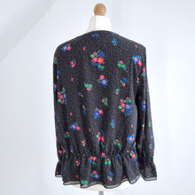 Load image into Gallery viewer, Hush Blouse Floral Print Chiffon Black Long Sleeves Adjustable Waist Top 12
