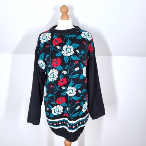 Vintage Jumper Floral Pattern Roses Black Retro Christmas Sweater Gothic 10 12