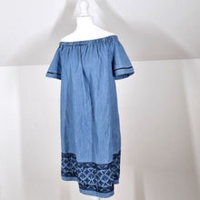 Load image into Gallery viewer, White Stuff Dress Denim Chambray Off the Shoulder Bardot Blue Embroidered 8
