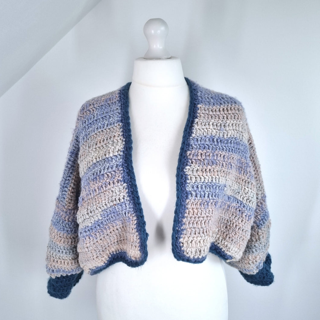 Handmade Crochet Cardigan Blue Beige Oversized Chunky Knit Granny 3/4 Sleeve XXL