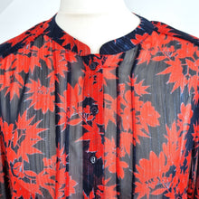 Load image into Gallery viewer, Hush Blouse Floral Print Red Shimmer Shirt Semi Sheer Chic Mandarin Collar 12
