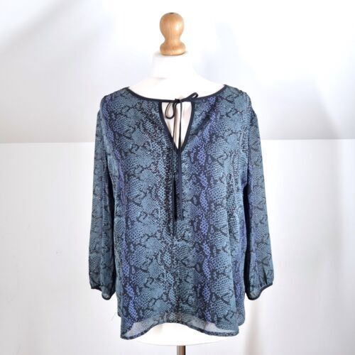 Hush Blouse Snakeskin Print Smock Top Blue Purple Bow Peasant 3/4 Sleeves Boho 8