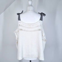 Load image into Gallery viewer, Anthropologie Maeve Jumper Crochet Gingham Bow Cold Shoulder White Cotton Small
