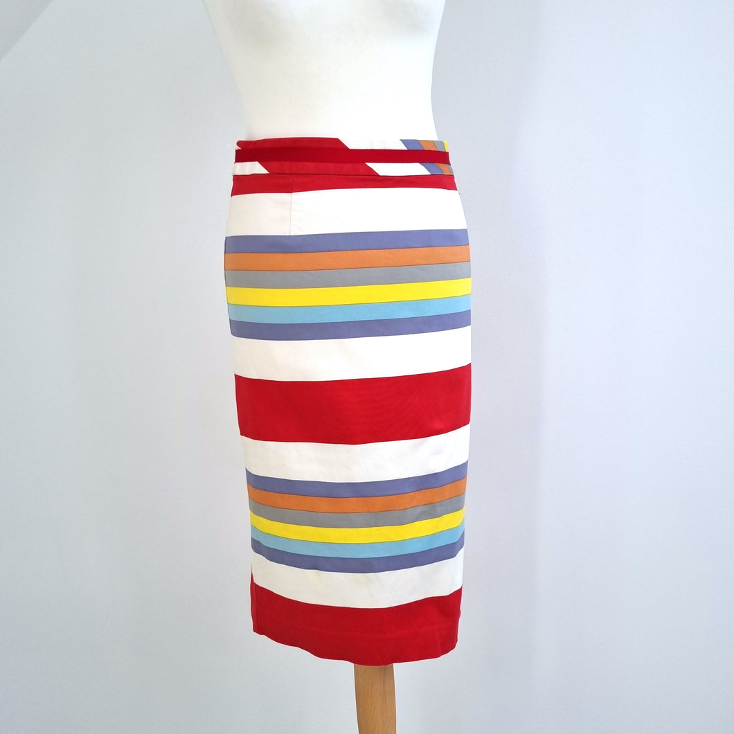 Boden Pencil Skirt Striped Multicoloured Rainbow Stretch Knee Length Cotton 10 L