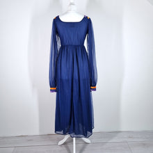 Load image into Gallery viewer, Vintage Maxi Dress 70s Dorothy Perkins Nylon Blue Medieval Sheer Sleeves Fit 6 8
