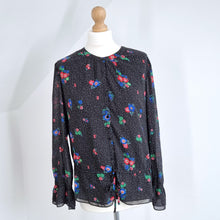 Load image into Gallery viewer, Hush Blouse Floral Print Chiffon Black Long Sleeves Adjustable Waist Top 12
