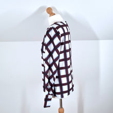 Load image into Gallery viewer, Hobbs Blouse Burgundy Boxy Check Print White Top Long Sleeves Work Smart 10
