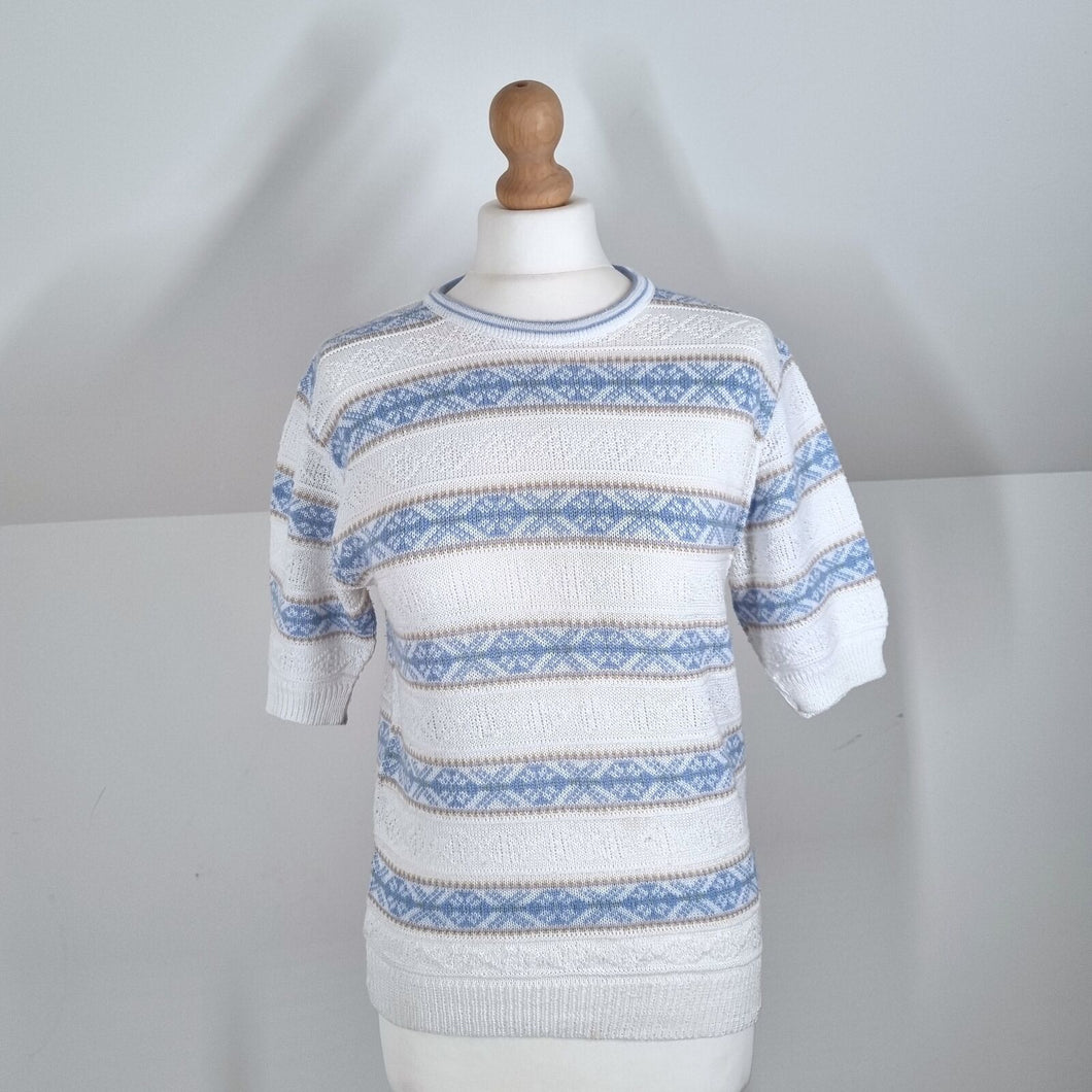 Vintage Jumper Fair Isle Skylar Striped Short Sleeves Knit Blouse Pastel M L