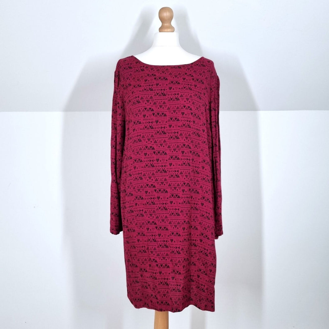 Des Petits Hauts Dress Tunic Dark Red Aztec Heart Knee Long Sleeves T4 UK 14