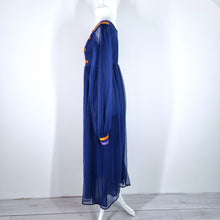 Load image into Gallery viewer, Vintage Maxi Dress 70s Dorothy Perkins Nylon Blue Medieval Sheer Sleeves Fit 6 8
