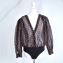 Load image into Gallery viewer, Zara Bodysuit Blouse Lipstick Print Black Billowy Sheer Organza Long Sleeve S
