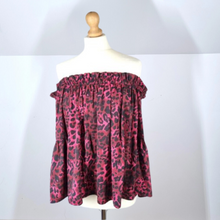 Load image into Gallery viewer, Hush Blouse Off the Shoulder Top Leopard Print Pink Bardot Peasant Boho 10
