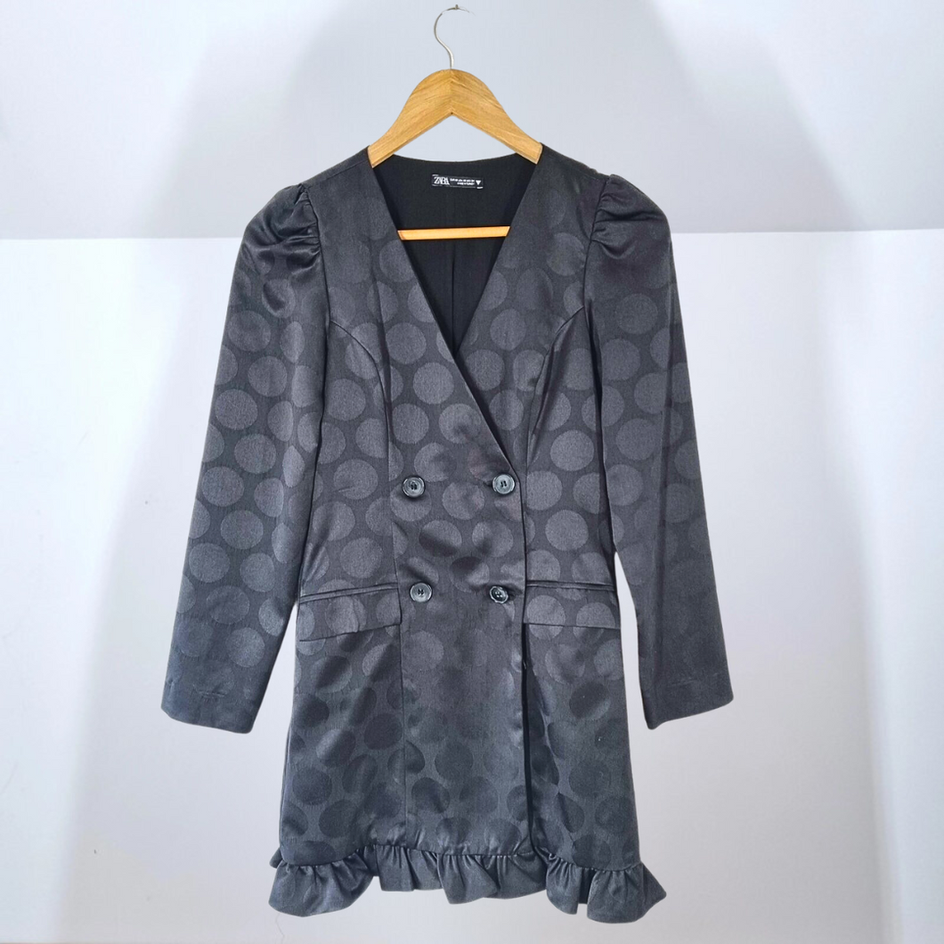 Zara Blazer Dress Jacket Polka Dot Print Black Satin Mini Ruffle Long Sleeves XS