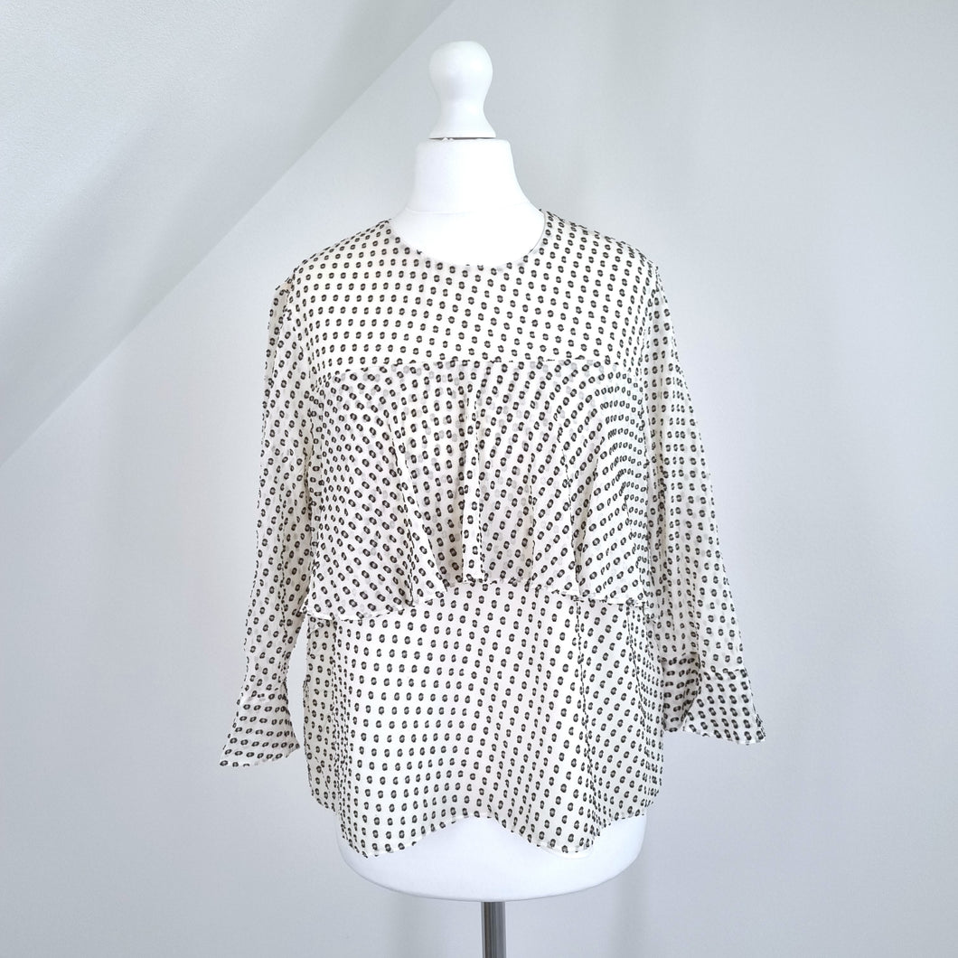 Whistles Blouse Silk Blend Swiss Dot White Ruffle Top 3/4 Sleeves Lined 10