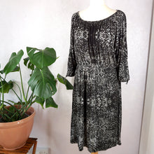 Load image into Gallery viewer, Brora Jersey Abstract Print Smock Dress Black Grey Scoop Neck Casual Stretch 12 14
