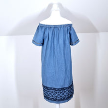 Load image into Gallery viewer, White Stuff Dress Denim Chambray Off the Shoulder Bardot Blue Embroidered 8
