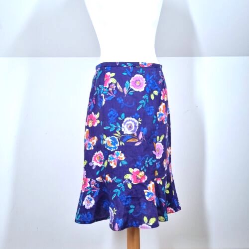 East Skirt 100% Linen Floral Print Blue Fit & Flare Lined Summer Bright Knee 10