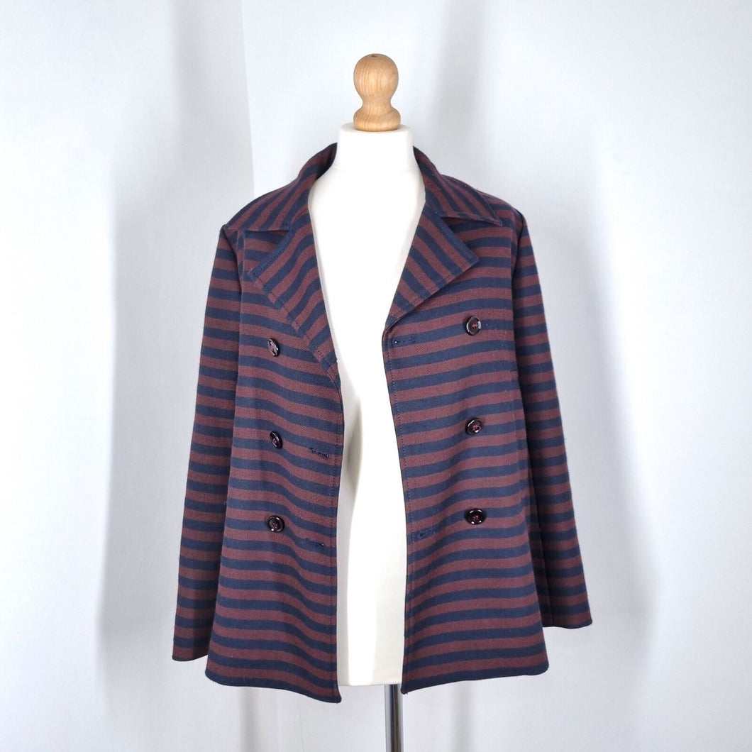 Zara Blazer Striped Jacket Burgundy Navy Preppy Double Breasted Work Medium