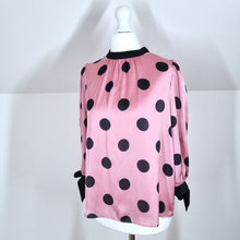 Load image into Gallery viewer, Zara Blouse Satin Polka Dots Pink Black High Neck 3/4 Sleeve Top Retro 50s Small
