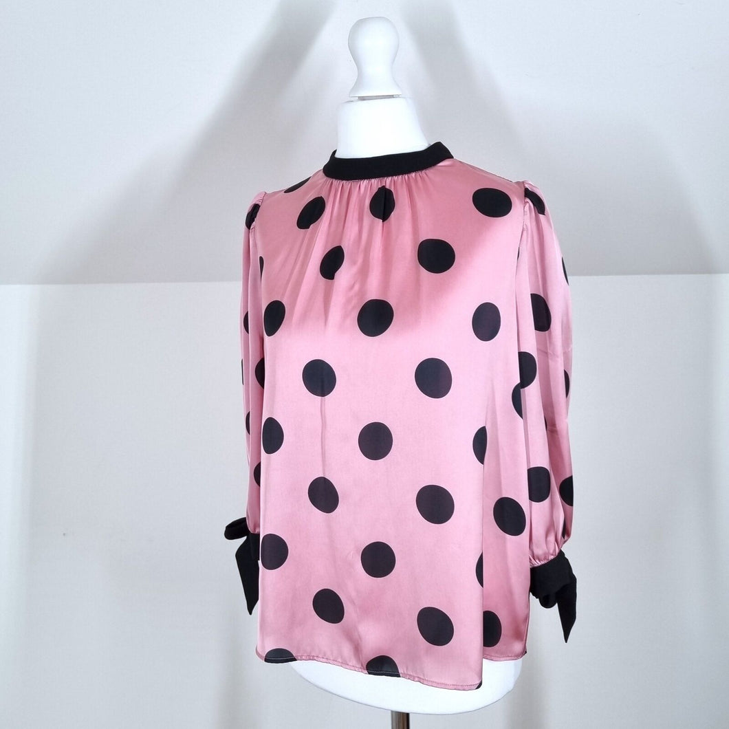 Zara Blouse Satin Polka Dots Pink Black High Neck 3/4 Sleeve Top Retro 50s Small