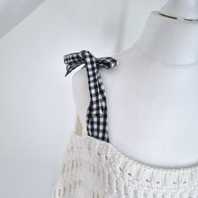 Load image into Gallery viewer, Anthropologie Maeve Jumper Crochet Gingham Bow Cold Shoulder White Cotton Small
