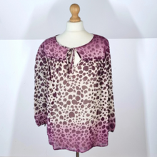 Load image into Gallery viewer, M&amp;S Blouse 100% Silk Purple Ombre Peasant Long Sleeves Autograph Print Boho 16
