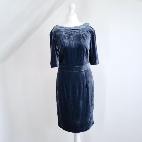 Boden Velvet Dress Blue Shift Occasion Silk Blend Christmas Lined Boat Neck 8 R