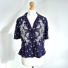 Load image into Gallery viewer, Zara Woman Blouse Embroidered Navy White Boho Peasant Boxy Festival Top Medium
