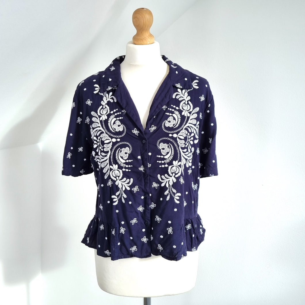 Zara Woman Blouse Embroidered Navy White Boho Peasant Boxy Festival Top Medium