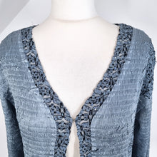 Load image into Gallery viewer, East Crinkle Cardigan Blouse Open Blue Sequins Sparkly Long Sleeves Coverup M L
