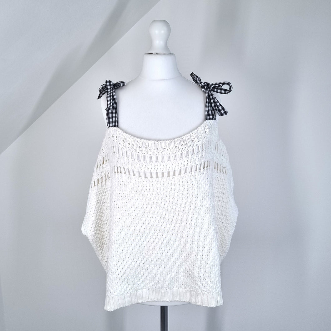 Anthropologie Maeve Jumper Crochet Gingham Bow Cold Shoulder White Cotton Small