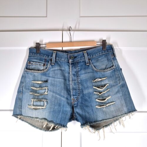 Vintage Levi's Shorts Denim Cut Offs Ripped Distressed Button Fly Blue 10 12