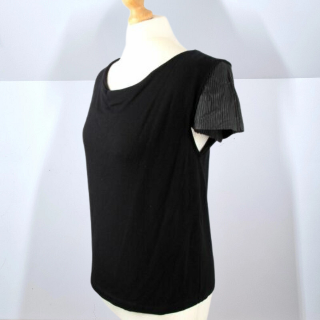 Maje T-shirt Leather Pleated Sleeves Gothic Top Black Scoop Cowl Neck 2 Medium