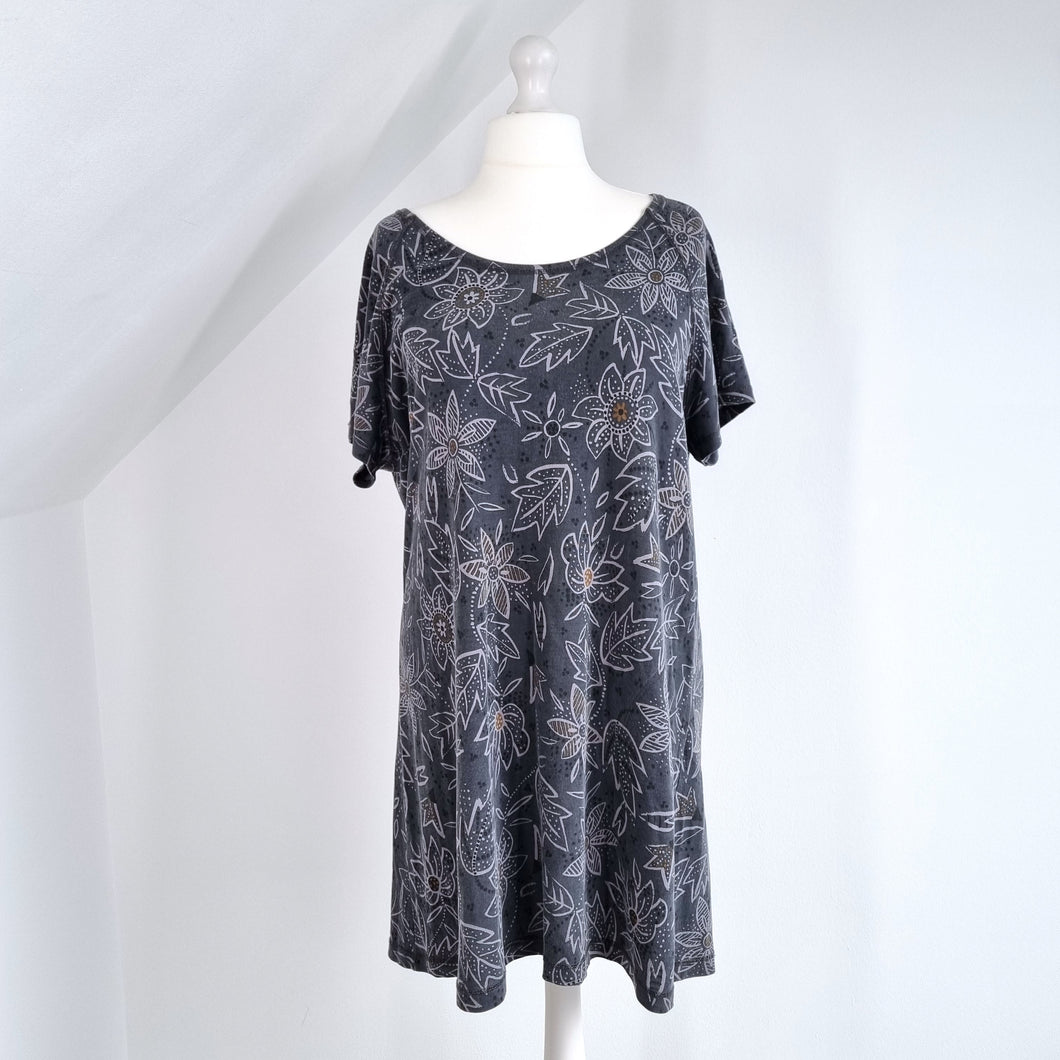 Gudrun Sjoden Dress Tunic Pockets Mini Grey Floral Print Lagenlook Cotton XL