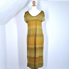 Load image into Gallery viewer, Gudrun Sjoden Dress Midi Maxi Pockets Jersey Lagenlook Mustard Striped Medium
