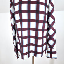 Load image into Gallery viewer, Hobbs Blouse Burgundy Boxy Check Print White Top Long Sleeves Work Smart 10
