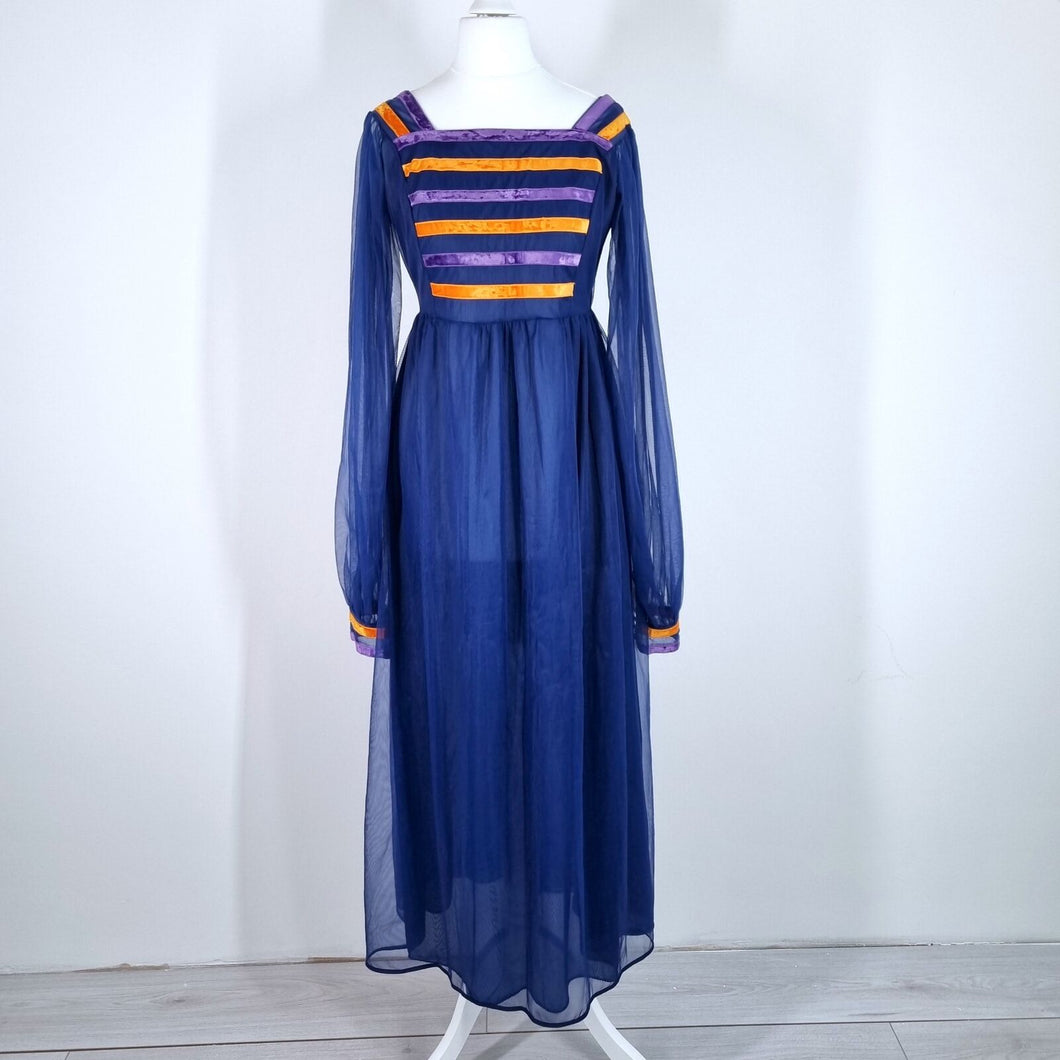 Vintage Maxi Dress 70s Dorothy Perkins Nylon Blue Medieval Sheer Sleeves Fit 6 8