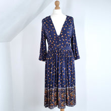 Load image into Gallery viewer, Manoush Dress A Line Wool Blend Smock Navy 3/4 Sleeves Boho Stretch Knee 14
