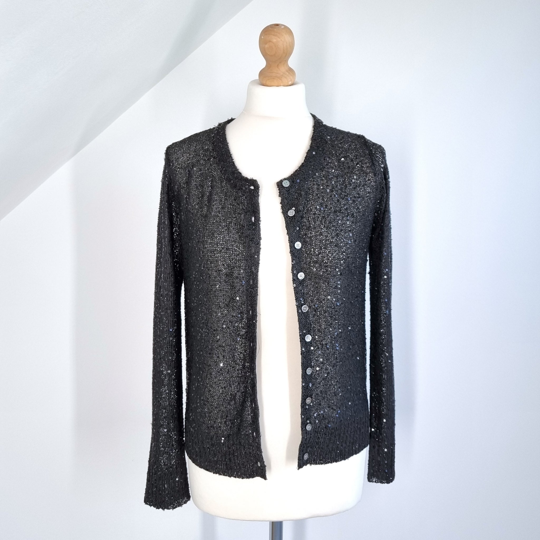 Jigsaw Cardigan Sequins Black Sparkly Fine Knit Jumper Party