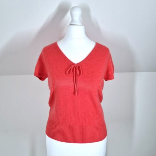 Marks & Spencer 100% Cashmere Jumper Short Sleeves Coral Blouse Top V Neck 10